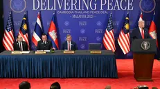 epa12483050 US President Donald Trump (R) speaks ahead of the ceremonial signing of a ceasefire agreement between Thailand and Cambodia, as Malaysia's Prime Minister Anwar Ibrahim (L), Thailand's Prime Minister Anutin Charnvirakul (2-L) and Cambodia's Prime Minister Hun Manet (C) listen, on the sidelines of the 47th Association of Southeast Asian Nations (ASEAN) Summit in Kuala Lumpur, Malaysia, 26 October 2025. EPA/MOHD RASFAN / POOL