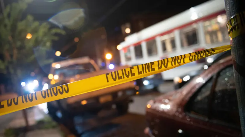 epa10725053 Police tape is placed at the scene of a mass shooting in the Kingsessing section of South Philadelphia, Pennsylvania, USA, 03 July 2023. Four people were killed and two others injured by a suspect who police placed into custody after capturing him wearing a bulletproof vest and carrying multiple weapons, according to the Philadelphia Police Department. EPA/TRACIE VAN AUKEN