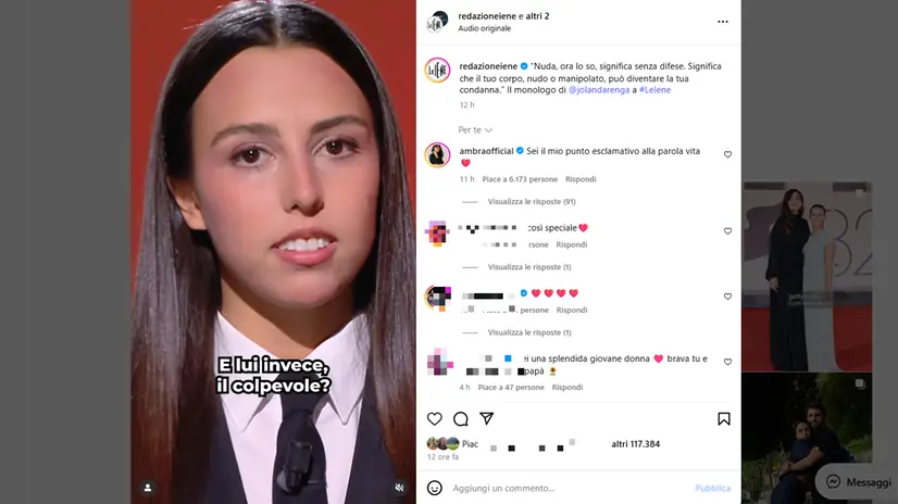 Uno screenshot del monologo pubblicato su Instagram