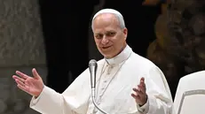 Pope Leo XIV holds the audience with participants at the Fifth World Meeting of Popular Movements, in the Paul VI Hall, Vatican City, 23 October 2025. ANSA/MAURIZIO BRAMBATTI