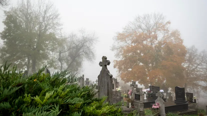 epa11694403 Gravestones stand in the autumn fog in the cemetery in Piliny, Hungary, 31 October 2024, on the eve of All Saints' Day. EPA/PETER KOMKA HUNGARY OUT