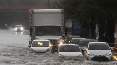 epa12477319 Vehicles drive down a flooded street in Santo Domingo, Dominican Republic, 23 October 2025. More than 647,000 users are without drinking water in the Dominican Republic after rains from Tropical Storm Melissa affected dozens of aqueducts, according to official data. EPA/Orlando Barria