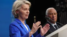 epa12477238 European Commission President Ursula von der Leyen (L) and European Council President Antonio Costa (R) give final press conference during Euro Summit in Brussels, Belgium, 23 October 2025. European Union leaders convened to discuss the situation in Ukraine, European defence, developments in the Middle East, competitiveness, housing, and migration. EPA/OLIVIER HOSLET