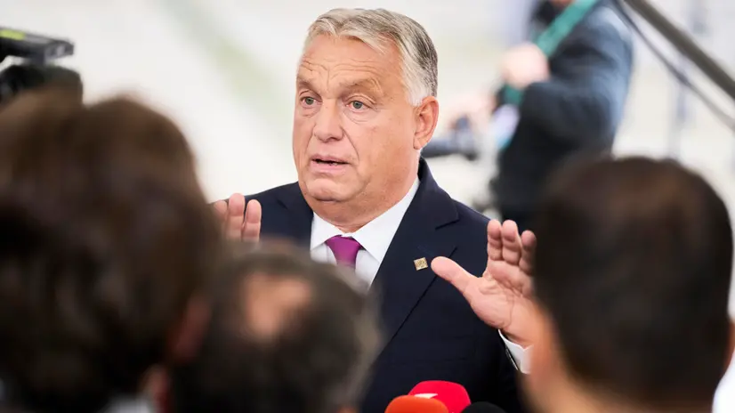 epa12420455 Hungary's Prime Minister Viktor Orban speaks to the media as he arrives at Christiansborg Castle in Copenhagen, Denmark, 01 October 2025, for an informal meeting of EU heads of state and government. EPA/THOMAS TRAASDAHL DENMARK OUT
