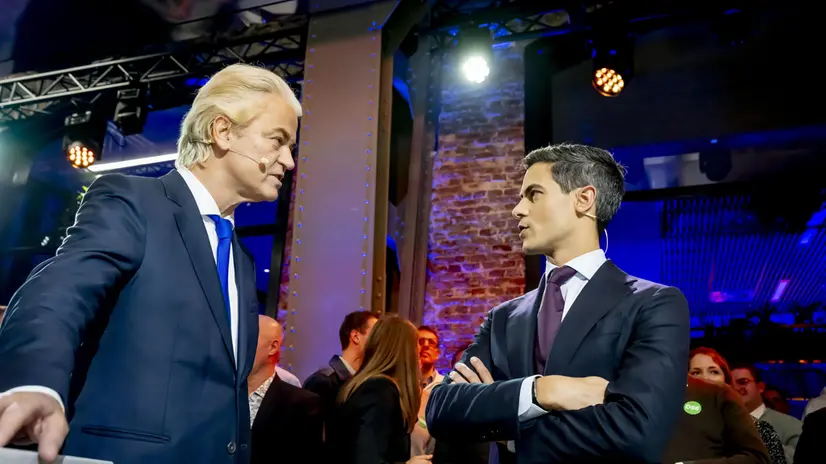 epa12482244 Party leaders Geert Wilders (L, PVV) and Rob Jetten (D66) before the "Debate of the South" at Mindlabs in Tilburg, Netherlands, 25 October 2025. Three regional broadcasters jointly organized the debate in the run-up to the parliamentary elections, focusing on issues relevant to Brabant, Limburg, and Zeeland. Netherlands holds early general elections on 29 October 2025. EPA/Robin Utrecht