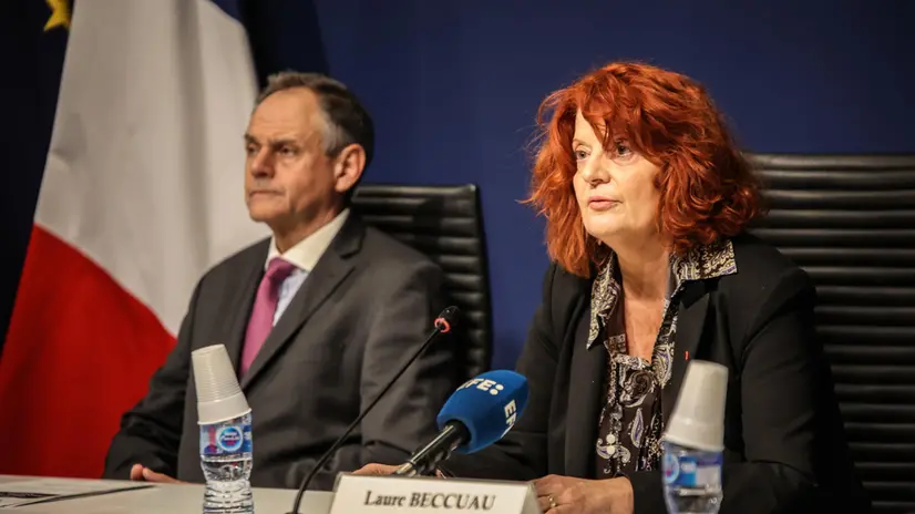 epa12490971 Paris Public Prosecutor Laure Beccuau (R) and Head of the BRB Pascal Carreau (L) hold a press conference, in Paris, France, 29 October 2025, attended by representatives of the BRB (Banditry Repression Brigade) and the OCBC (central office for combating trafficking in cultural property), to announce the opening of a judicial investigation into the Louvre burglary. The Louvre Museum was targeted in a robbery by several criminals who smashed windows to steal eight priceless royal pieces of jewellery on 19 October. EPA/SADAK SOUICI