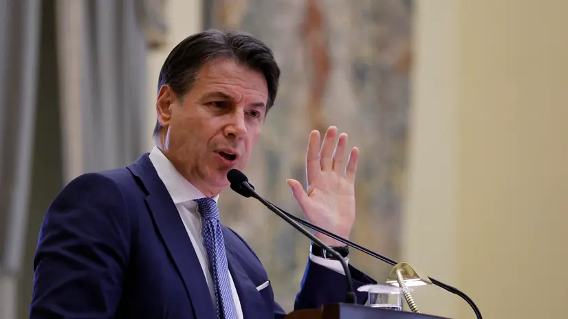 il presidente del Movimento 5 Stelle Giuseppe Conte durante la presentazione del libro “Genocidio”, Camera dei Deputati, Roma 27 ottobre 2025. ANSA/FABIO FRUSTACI