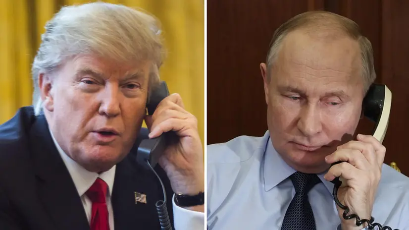 In una combo il presidente americano Donald J. Trump parla al telefono con il presidente russo Vladimir Putin. ANSA/JIM LO SCALZO - GAVRIIL GRIGOROV