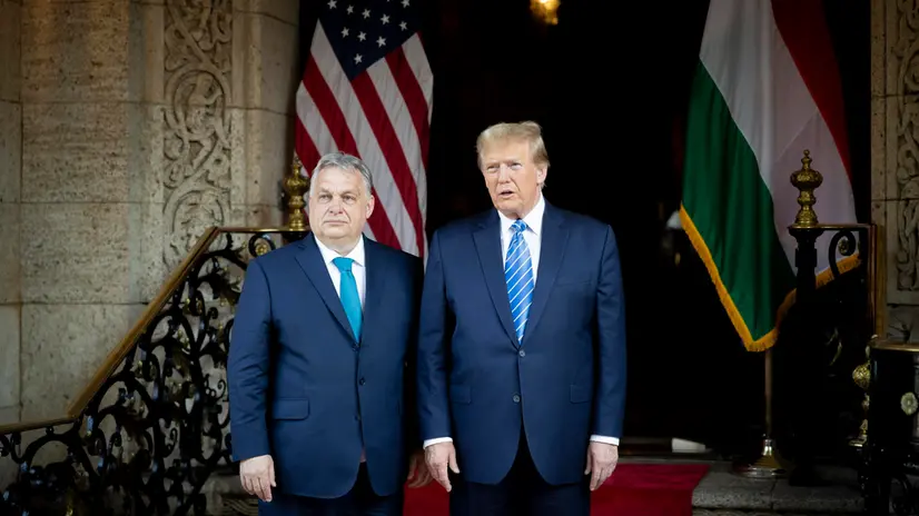 epa11208137 A handout photo made available by the Hungarian Prime Minister's Office shows former US President and Republican presidential candidate Donald Trump (R) and Hungarian Prime Minister Viktor Orban posing for photographers before their meeting at Trump's Mar-a-Lago estate in Palm Beach, Florida, USA, 08 March 2024. EPA/Zoltan Fischer / HANDOUT HANDOUT EDITORIAL USE ONLY NO SALES HANDOUT EDITORIAL USE ONLY/NO SALES HANDOUT EDITORIAL USE ONLY/NO SALES