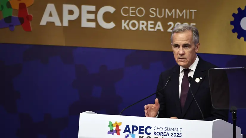epa12494598 Canada's Prime Minister Mark Carney speaks at the Asia-Pacific Economic Cooperation (APEC) CEO Summit in Gyeongju, South Korea, 31 October, 2025. The 2025 APEC annual meetings are being held in Gyeongju from 29 October to 1 November. EPA/ANDRES MARTINEZ CASARES