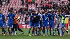 L'esultanza di squadra a fine partita - Foto New Reporter Comincini © www.giornaledibrescia.it