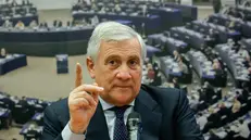Il ministro degli Affari Esteri Antonio Tajani nella Sala delle Bandiere della sede del Parlamento Europeo durante un convegno su Don Gianni Bozzo, Roma, 31 Ottobre 2025. ANSA/GIUSEPPE LAMI