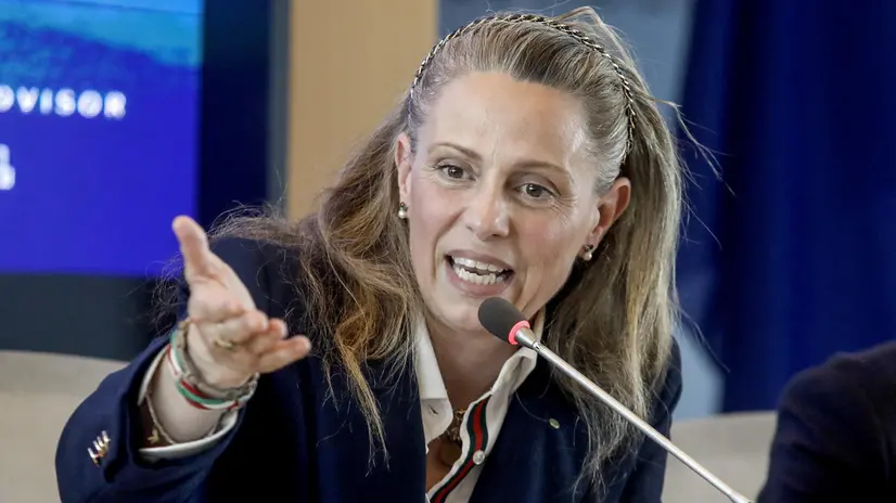 Federica Picchi, sottosegretario con delega sport e giovani della Lombardia, partecipa alla conferenza stampa di presentazione 'Apreski Milano Mountain Show' presso palazzo Lombardia a Milano, 9 giugno 2025. ANSA/MOURAD BALTI TOUATI