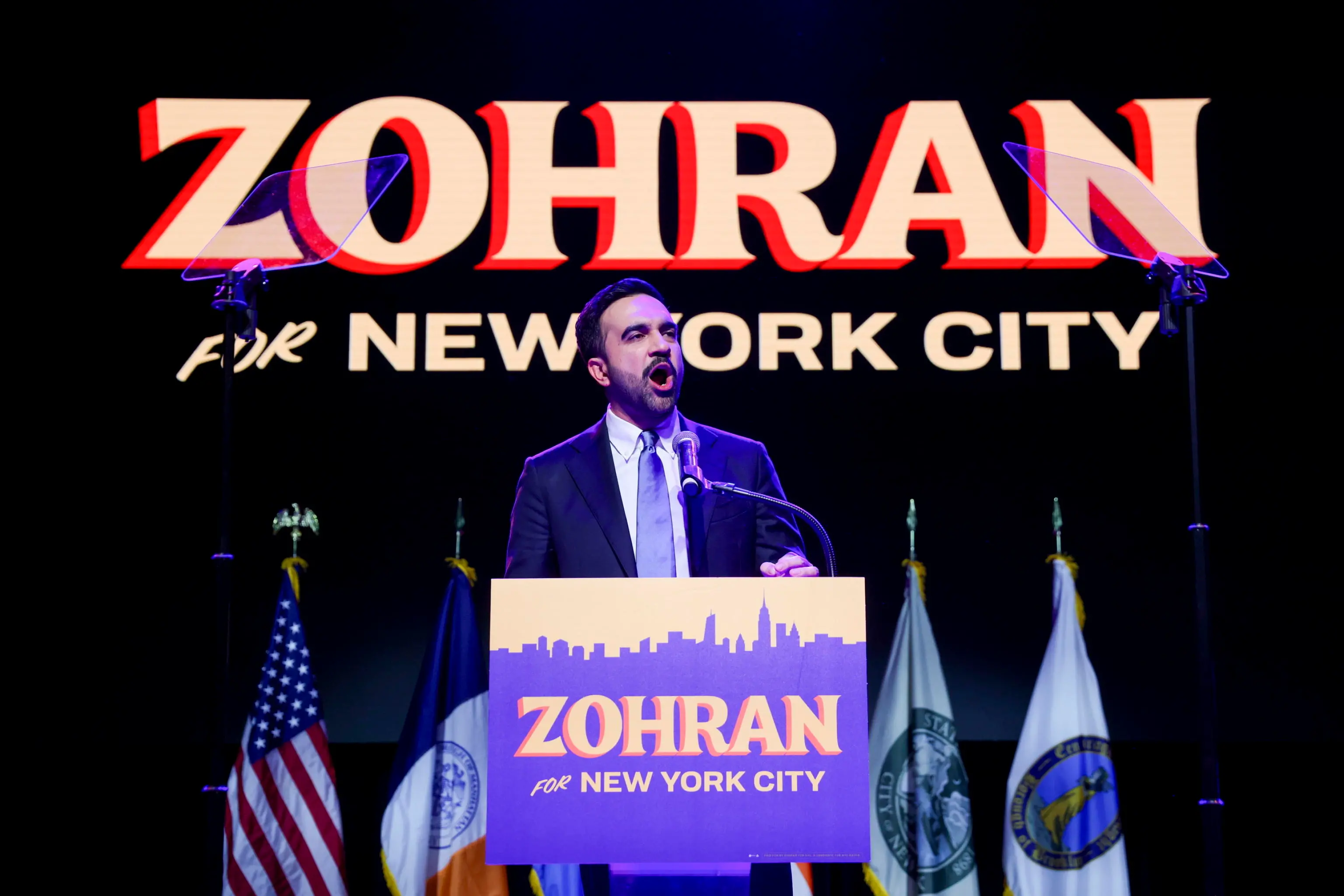 epa12504017 Mayor-elect of New York City Zohran Mamdani speaks during an election night party hosted by the Democratic nominee in the Brooklyn borough of New York, USA, 4 November 2025. Mamdani has defeated Andrew Cuomo to win the New York mayoral election. EPA/SARAH YENESEL