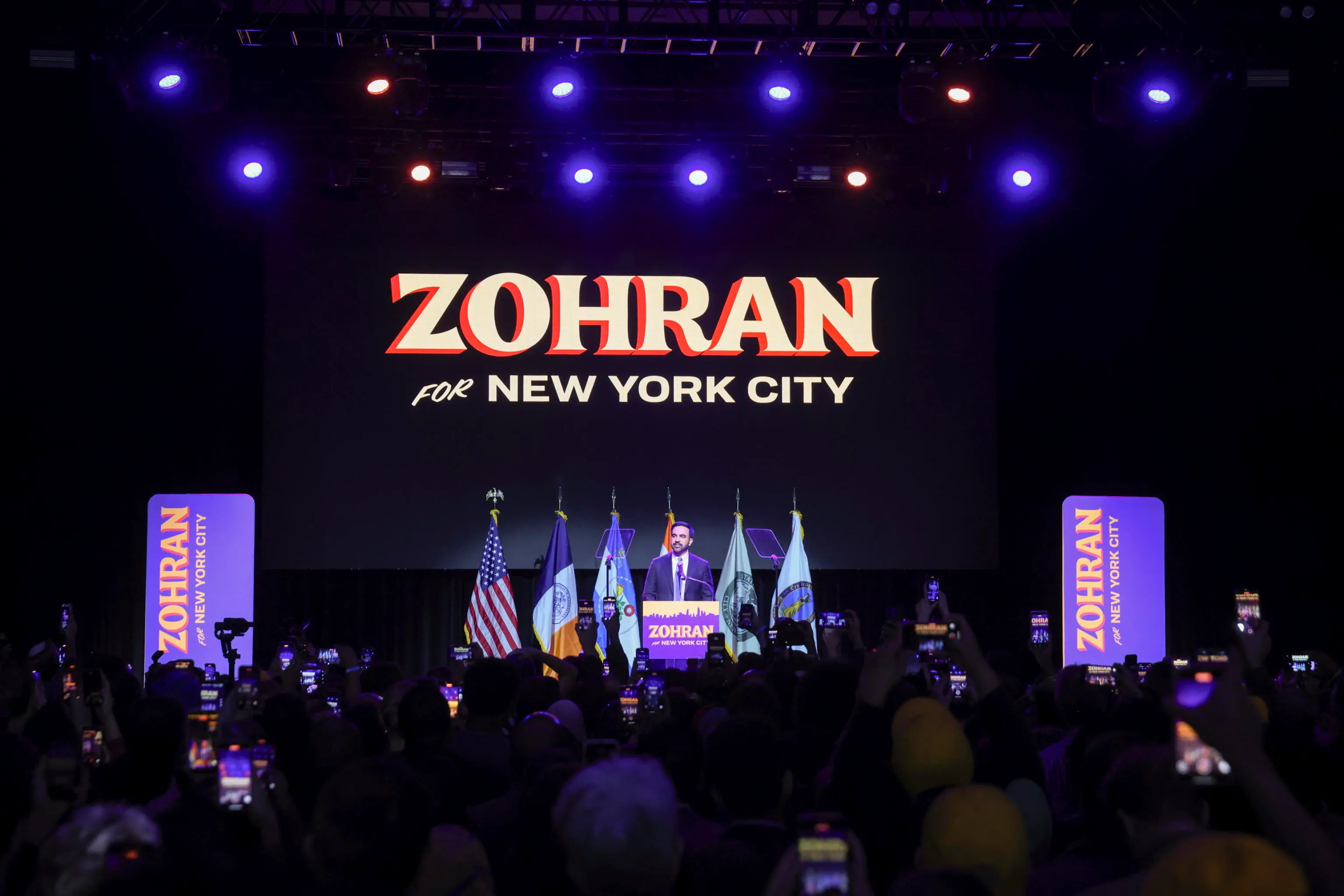 epa12504024 Mayor-elect of New York City Zohran Mamdani speaks during an election night party hosted by the Democratic nominee in the Brooklyn borough of New York, USA, 4 November 2025. Mamdani has defeated Andrew Cuomo to win the New York mayoral election. EPA/SARAH YENESEL