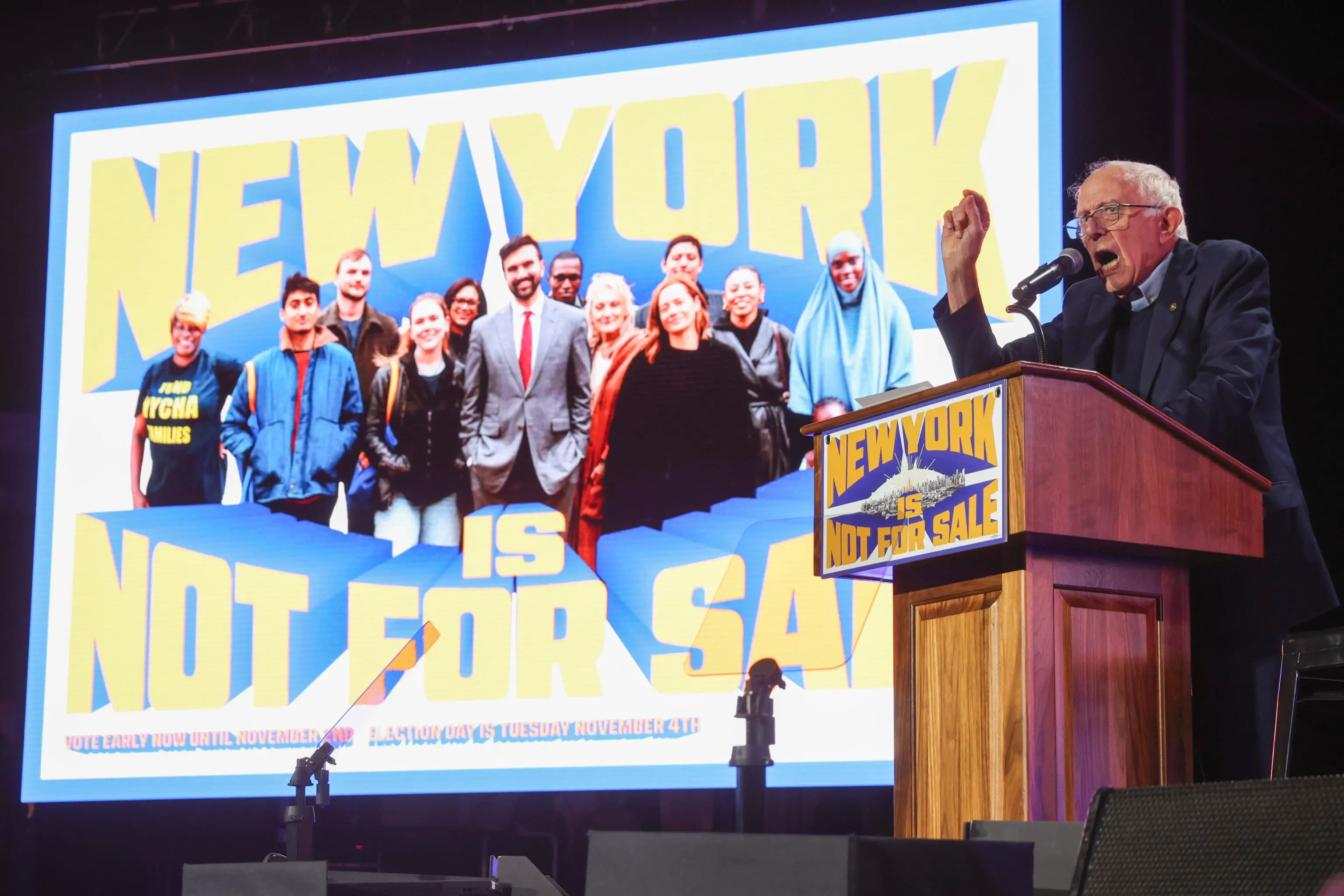 epa12485062 Senator Bernie Sanders speaks during the 'New York Is Not For Sale' rally at Forest Hills Stadium in the Queens borough of New York, New York, USA, 26 October 2025. The event, hosted by Democratic frontrunner in the New York City mayoral race Zohran Mamdani, will feature Senator Bernie Sanders and US Representative Alexandria Ocasio-Cortez, ahead of Election Day for New York City mayor on 04 November. EPA/SARAH YENESEL