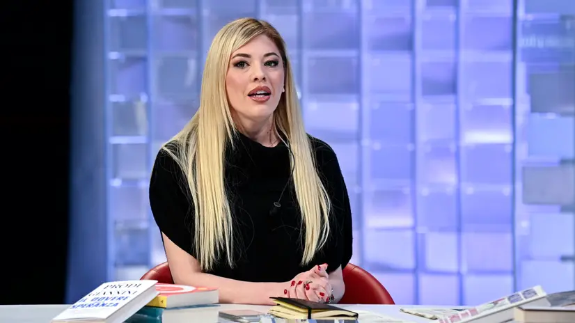 Maria Rosaria Boccia durante la trasmissione televisiva L’aria che tira condotta da David Parenzo ed in onda su La7, Roma, 3 febbraio 2025. ANSA/RICCARDO ANTIMIANI