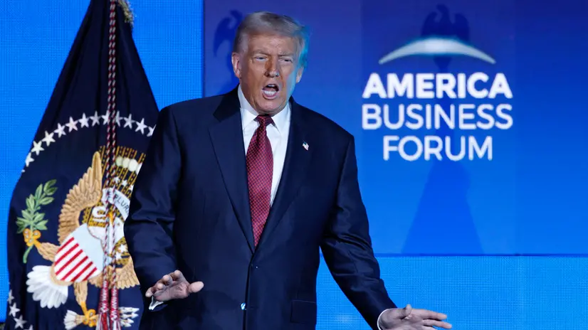 epa12505861 US President Donald Trump speaks at the inaugural US edition of the America Business Forum at the Kaseya Center in Miami, Florida, USA, 05 November 2025. The two-day summit is scheduled for 05–06 November 2025 at the Kaseya Center and brings together leaders from business, sports, culture, and technology, with speakers including Lionel Messi, Will Smith, and CEOs of major global companies. EPA/CRISTOBAL HERRERA-ULASHKEVICH