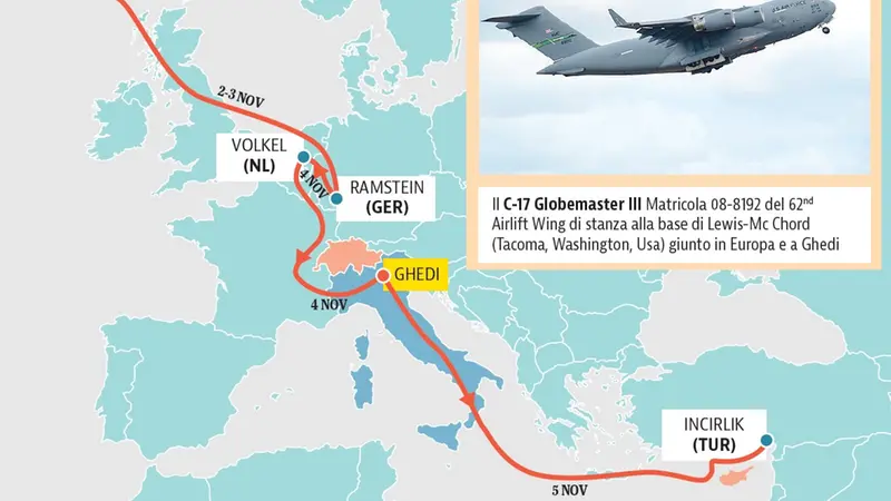 La rotta seguita nei primi giorni di novembre dal cargo militare © www.giornaledibrescia.it