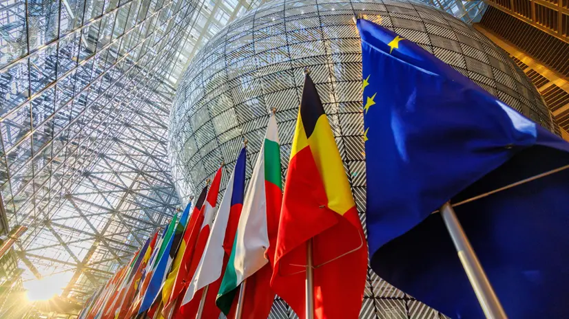 epa12414110 European member states' flags line the arrival hall prior to a European Competitiveness Council, in Brussels, Belgium, 29 September 2025. EU competitiveness ministers will gather in Brussels from 29 to 30 September to discuss internal market and industrial policy matters, and research and innovation. EPA/OLIVIER MATTHYS