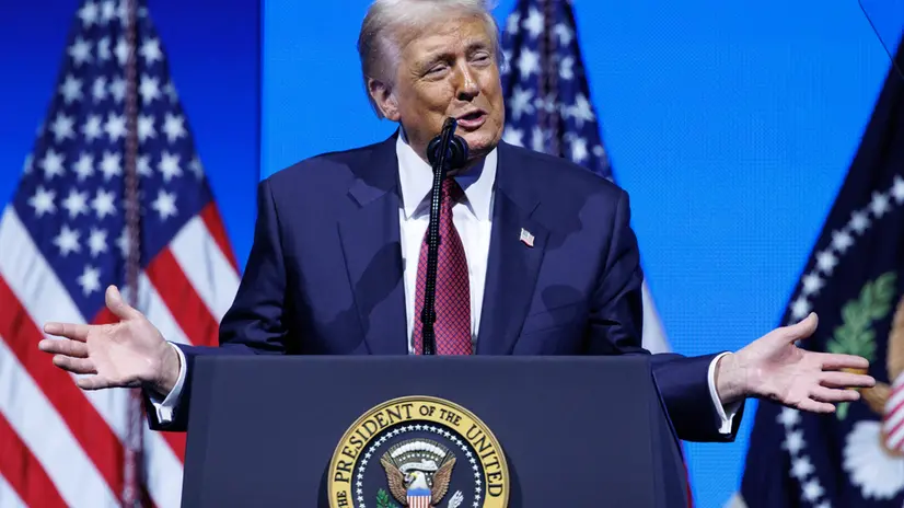 epa12506160 US President Donald Trump speaks at the inaugural US edition of the America Business Forum at the Kaseya Center in Miami, Florida, USA, 05 November 2025. The two-day summit is scheduled for 05–06 November 2025 at the Kaseya Center and brings together leaders from business, sports, culture, and technology, with speakers including Lionel Messi, Will Smith, and CEOs of major global companies. EPA/CRISTOBAL HERRERA-ULASHKEVICH