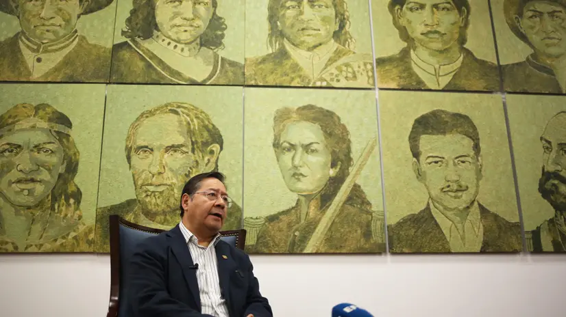 epa12471690 Bolivian President Luis Arce Catacora speaks during an interview at the Casa Grande del Pueblo in La Paz, Bolivia, 21 October 2025. EPA/LUIS GANDARILLAS
