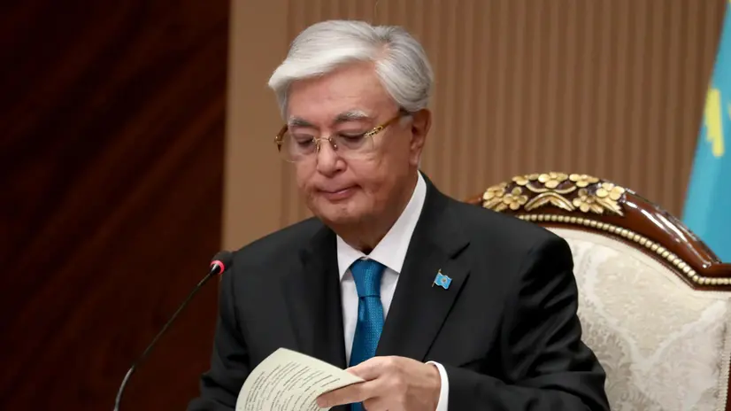 epa12316094 Kazakhstan President Kassym-Jomart Tokayev attends a joint press conference in Bishkek, Kyrgyzstan, 22 August 2025. Tokayev is on a two-day official visit to Bishkek. EPA/IGOR KOVALENKO