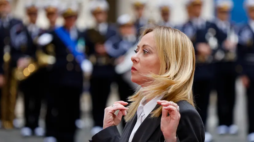 Italian Prime Minister Giorgia Meloni waits for the arrival of President of the Palestinian National Authority Mahmoud Abbas at Palazzo Chigi in Rome, Italy, Rome 7 November 2025. ANSA/FABIO FRUSTACI
