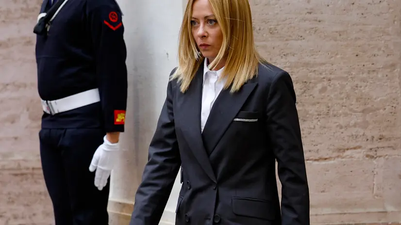 Italian Prime Minister Giorgia Meloni waits for the arrival of President of the Palestinian National Authority Mahmoud Abbas at Palazzo Chigi in Rome, Italy, Rome 7 November 2025. ANSA/FABIO FRUSTACI