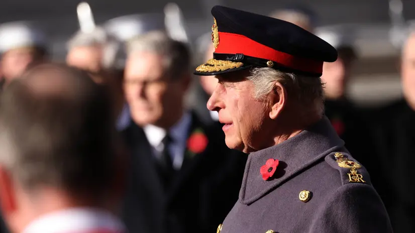epa12514044 Britain's King Charles III takes part in the Remembrance Sunday service at the Cenotaph in London, Britain, 09 November 2025. Remembrance Sunday is held to commemorate the contribution of British and Commonwealth military and civilian servicemen and women in the two World Wars and later conflicts. It is held on the Sunday nearest to 11 November, Armistice Day, which is the anniversary of the end of hostilities in World War I in 1918. EPA/NEIL HALL