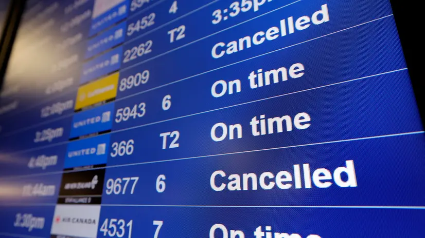 epa12511030 Cancelled flights displayed on the Departures board at San Francisco International Airport (SFO) in San Francisco, California, USA, 07 November 2025. The Federal Aviation Administration (FAA) is currently implementing an order to reduce air traffic by 10 percent at 40 of the nation's busiest airports as a safety measure due to the ongoing government shutdown. EPA/JOHN G. MABANGLO
