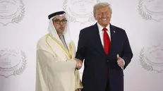 epa12451576 United Arab Emirates Vice President Sheikh Mansour bin Zayed al-Nahyan (L) and US President Donald Trump pose during the greetings ceremony before the family picture at the Gaza Peace Summit in Sharm El-Sheikh, Egypt, 13 October 2025. US President Donald Trump alongside Egypt's President Abdel Fattah al-Sisi with leaders from more than 20 countries attend the summit in Sharm El-Sheikh. The first phase of Gaza peace plan between Israel and Hamas involves the release of Israeli hostages and Palestinian prisoners, the partial withdrawal of Israeli forces, and the delivery of humanitarian aid to Gaza. EPA/YOAN VALAT / POOL