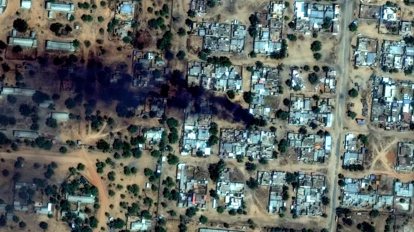 epa12499545 A handout satellite image made available by Vantor shows fires and smoke around El Fasher Airport, Sudan, 26 October 2025 (issued 02 November 2025). Rapid Support Forces (RSF) fighters took over El Fasher and the surrounding villages in the Darfur region on 26 October 2025. EPA/SATELLITE IMAGE ©2025 VANTOR / HANDOUT -- MANDATORY CREDIT: Satellite image ©2025 Vantor -- THE WATERMARK MAY NOT BE REMOVED/CROPPED --HANDOUT EDITORIAL USE ONLY/NO SALES