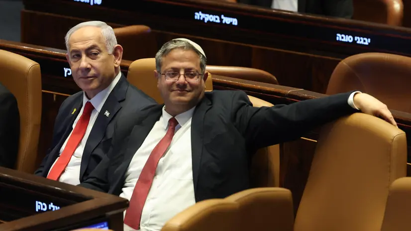 epa11727633 Israeli Prime Minister Benjamin Netanyahu (L) and Israel Minister of National Security Itamar Ben Gvir (R) attend a discussion called on by the opposition on the release of the Israeli hostages held by Hamas, at the Knesset in Jerusalem, Israel, 18 November 2024. According to Israel's military, around 100 Israeli hostages remain in captivity in the Gaza Strip, including the bodies of 33 confirmed dead. EPA/ABIR SULTAN