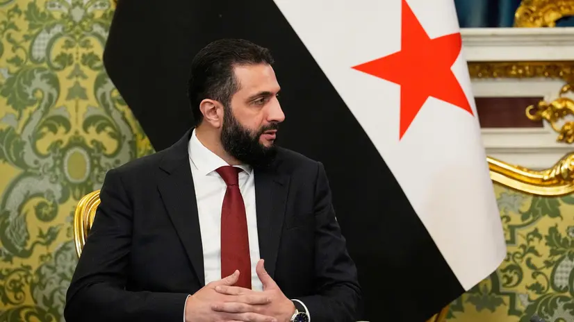 epa12455419 Syrian interim President Ahmad al-Sharaa speaks during a meeting with the Russian president at the Grand Kremlin Palace in Moscow, Russia, 15 October 2025. EPA/ALEXANDER ZEMLIANICHENKO / POOL