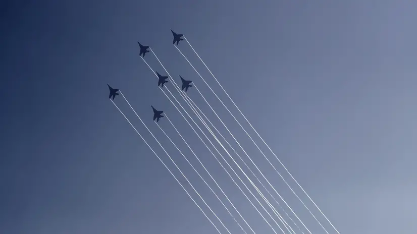 epa07808577 MiG 29 jet fighters of Russian aerobatic team Strizhi (Swifts) perform during the MAKS 2019 International Aviation and Space Salon in Zhukovsky outside Moscow, Russia, 31 August 2019. The Salon runs from 27 August to 01 September. EPA/MAXIM SHIPENKOV