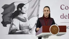 epa12518826 Mexican President Claudia Sheinbaum speaks during a press conference at the National Palace in Mexico City, Mexico, 11 November 2025. Homicides in Mexico rates are down during the first thirteen months of Sheinbaum's presidency, and approximately 300 tons of drugs were confiscated, according to preliminary figures released by the government. EPA/Jose Mendez