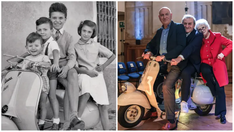 La famiglia Agazzani sulla Vespa nel 1956 e nel 2025 - © www.giornaledibrescia.it