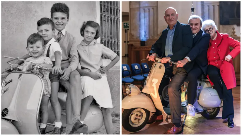 La famiglia Agazzani sulla Vespa nel 1956 e nel 2025 - © www.giornaledibrescia.it