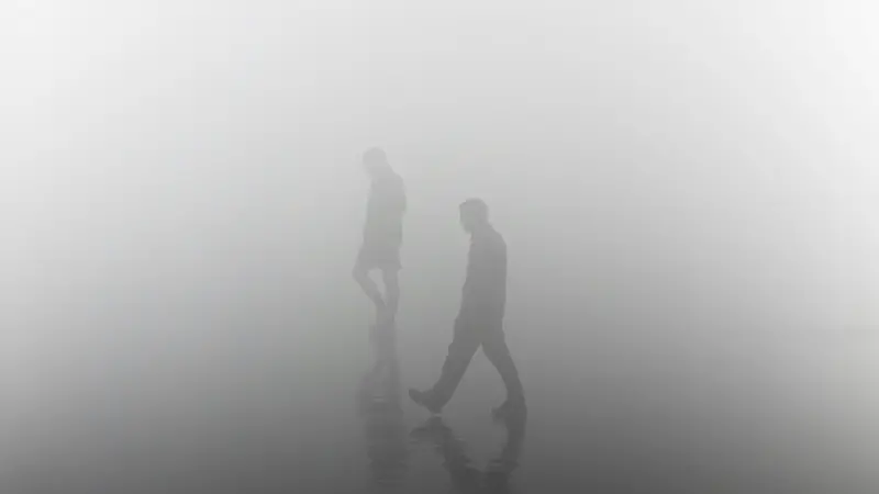 Due persone passeggiano nella nebbia