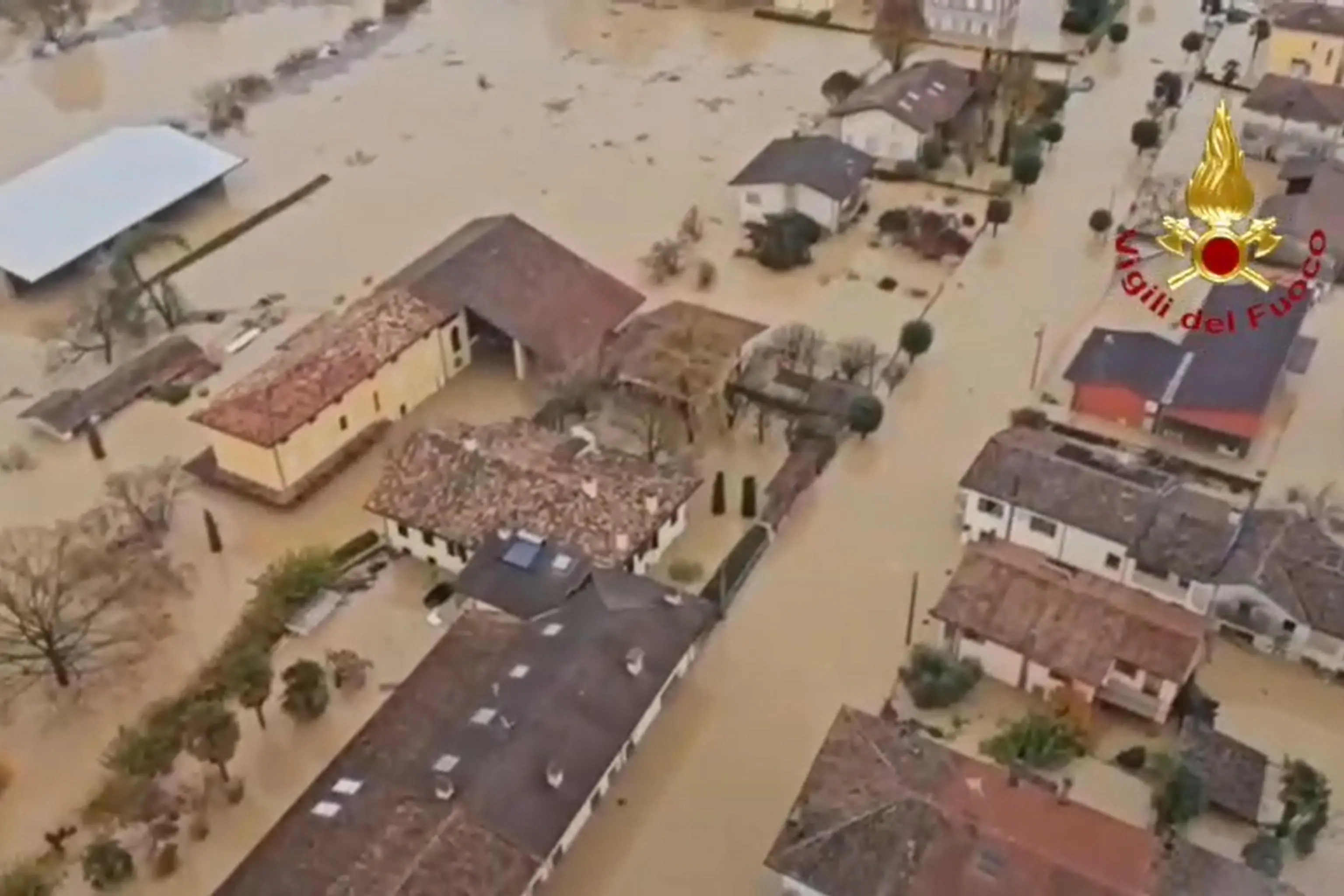 epa12531118 A handout photo made available by the Vigili del Fuoco, the Italian corps of Firefighters, shows aerial view of major flooding near Udine in the area of Friuli Venezia Giulia, in Northern Italy, 17 November 2025, after heavy rainfall. Firefighters have carried out dozens of operations so far to help drivers in distress, people trapped in their homes by water, floods, and landslides. EPA/VIGILI DEL FUOCO HANDOUT BEST QUALITY AVAILABLEHANDOUT EDITORIAL USE ONLY/NO SALES