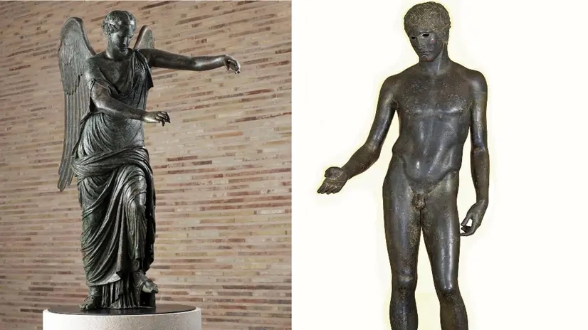 La Vittoria Alata (a sinistra) e l'Idolino (a destra)