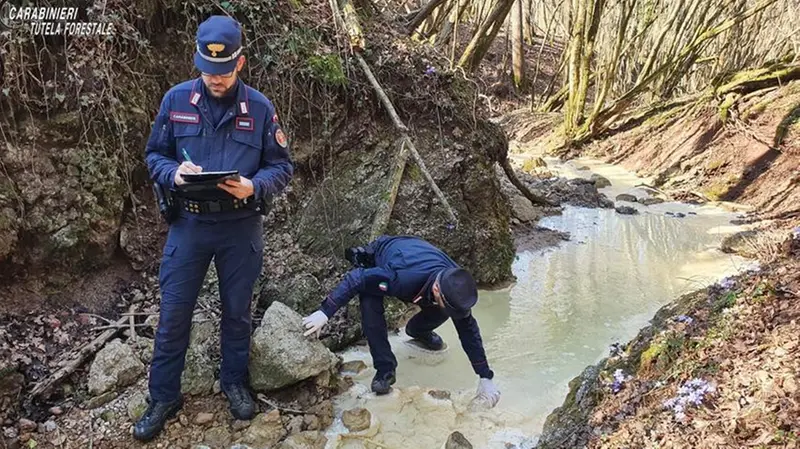 I carabinieri del Cfs lungo il torrente inquinato da idrossido di calcio