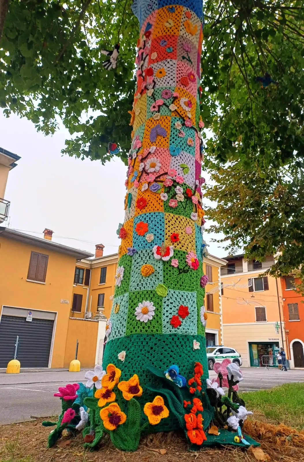 Bagnolo, l'albero di Natale di lana e le coperte che avvolgono gli alberi