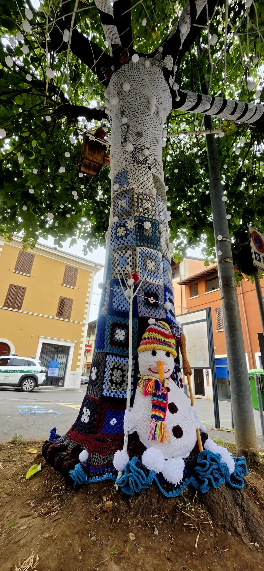 Bagnolo, l'albero di Natale di lana e le coperte che avvolgono gli alberi