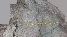 Orme di Prosauropodi risalenti al Triassico Superiore, fotografate nel nuovo sito paleontologico scoperto da Elio Della Ferrera. Valle di Fraele, Parco dello Stelvio, Valdidentro, Provincia di Sondrio, Lombardia, Italia.