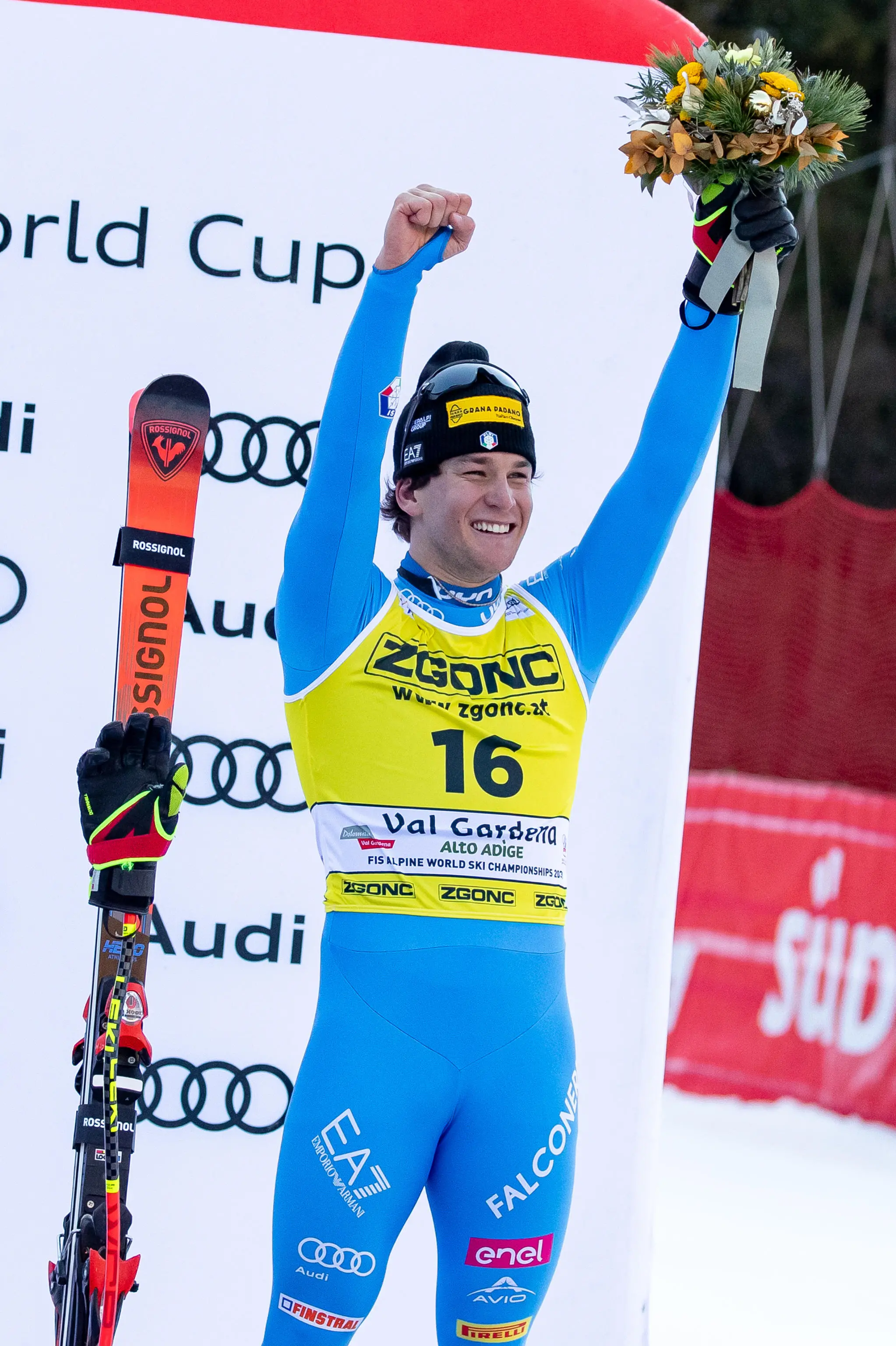 Third placed Giovanni Franzoni of Italy celebrates on the podium after the Men's SuperG race at the FIS Alpine Skiing World Cup in Val Gardena, Italy, 19 December 2025. ANSA/LUCIANO SOLERO