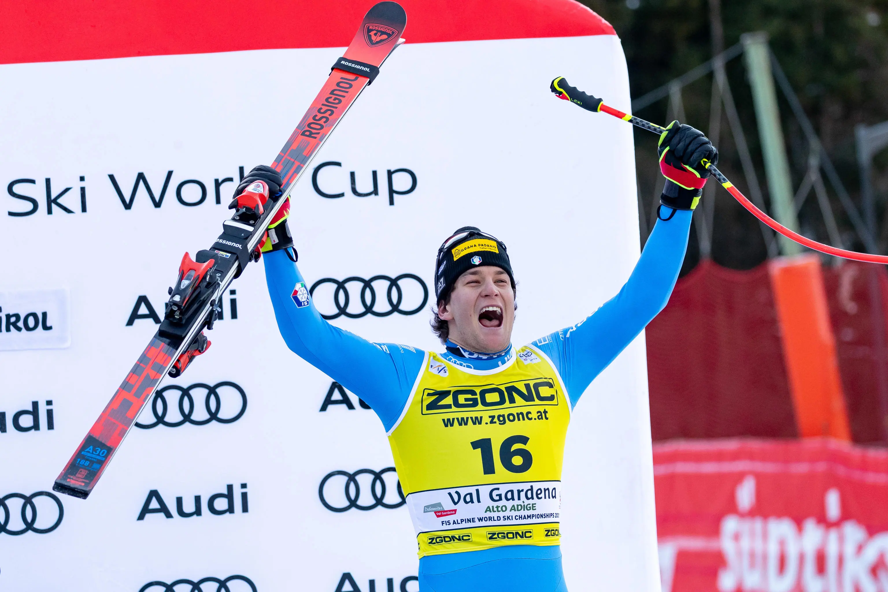 Third placed Giovanni Franzoni of Italy celebrates on the podium after the Men's SuperG race at the FIS Alpine Skiing World Cup in Val Gardena, Italy, 19 December 2025. ANSA/LUCIANO SOLERO