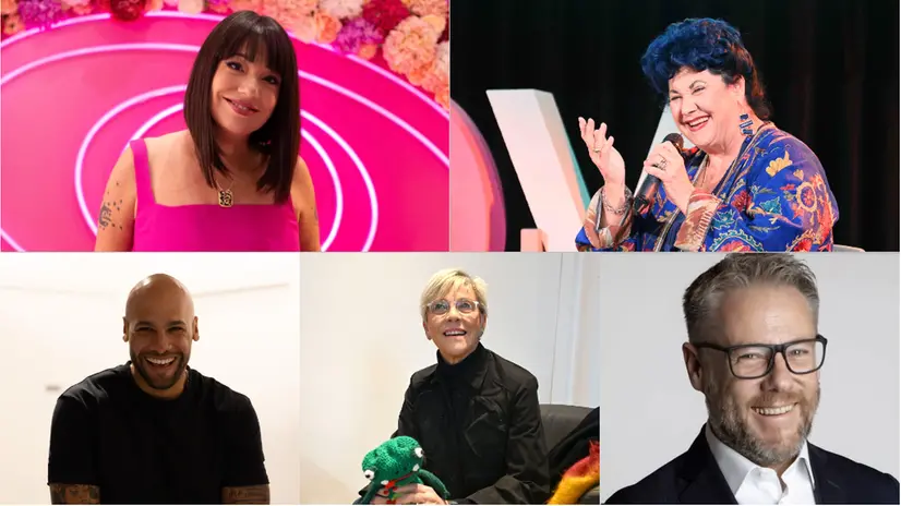 Dall'alto in senso orario: Cristina Fogazzi, Marisa Laurito, Paolo Borzacchiello, Laura Castelletti e Marcell Jacobs