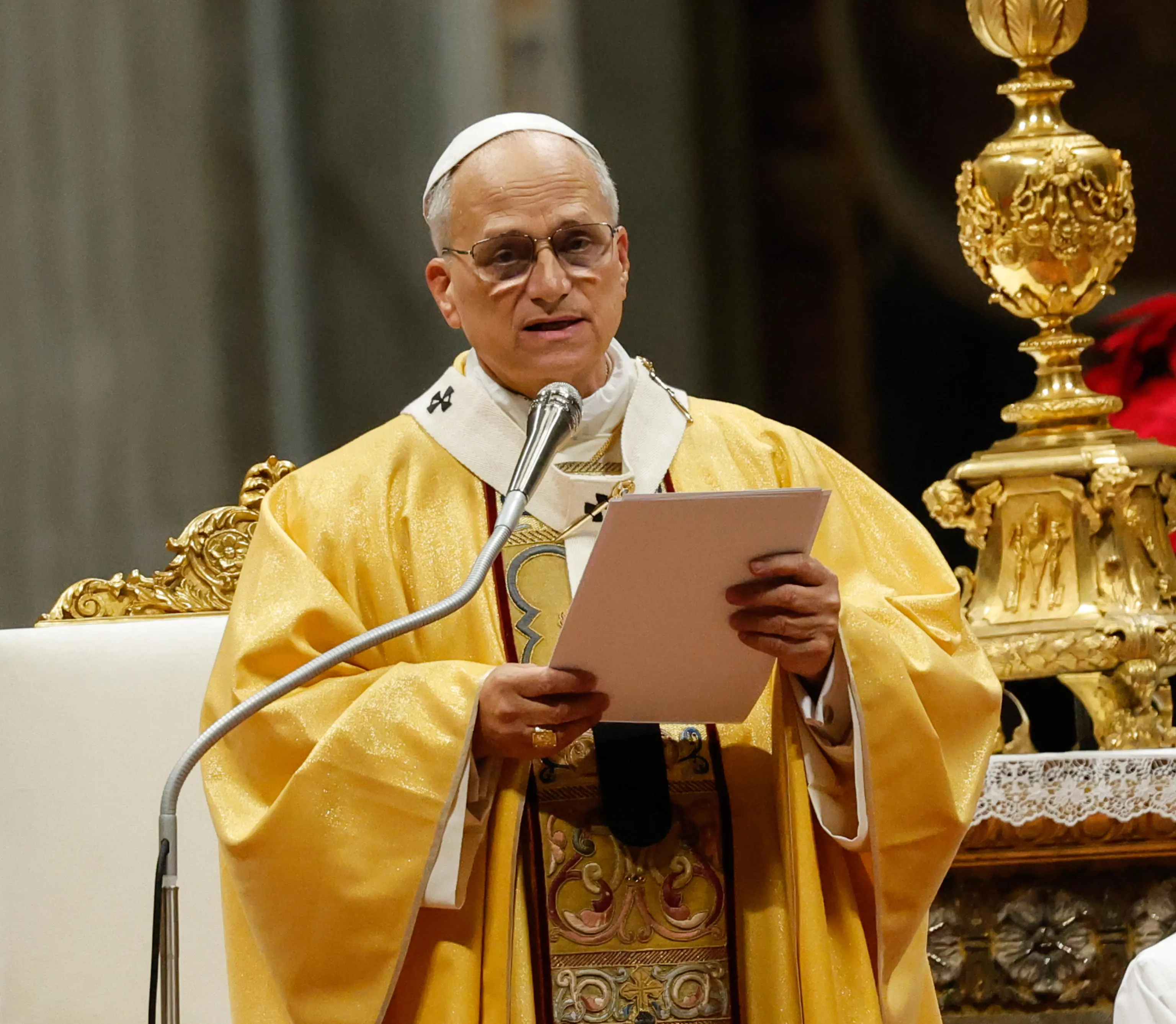 Pope Leo XIV presides over a Holy Midnight Mass for the Solemnity of the Nativity of the Lord, in St. Peter's Basilica, Vatican City, 24 December 2025. ANSA/GIUSEPPE LAMI
